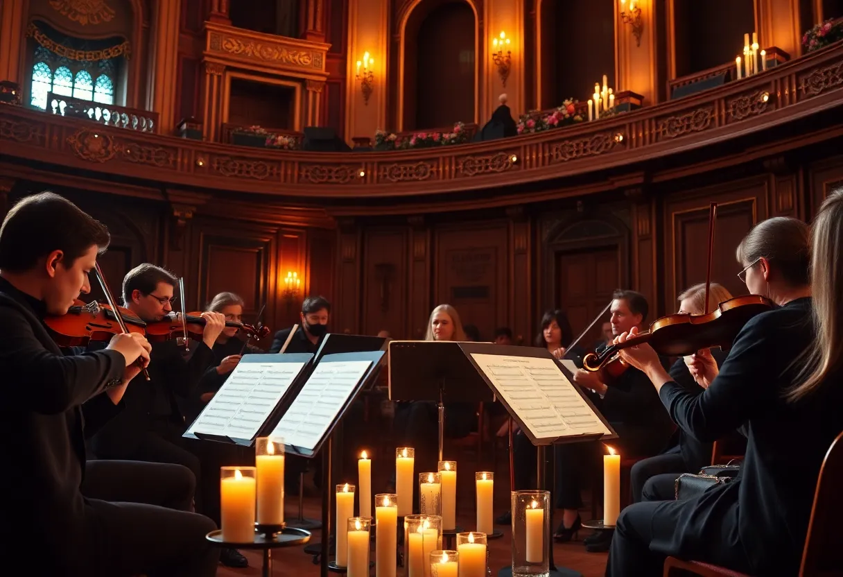 Musicians performing at a candlelight concert in a historic theater