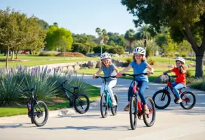 Young riders in Carlsbad using e-bikes with safety equipment in a park