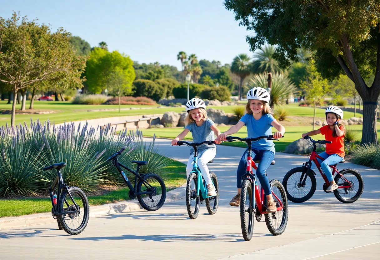 Young riders in Carlsbad using e-bikes with safety equipment in a park
