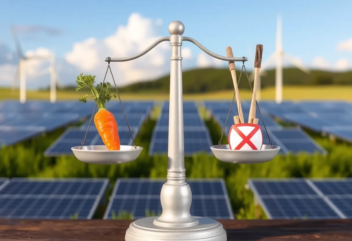Illustration of carrots and sticks as symbols for carbon emissions reduction strategies