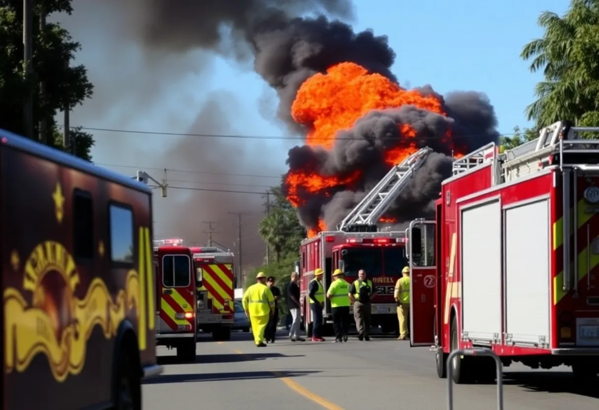 Emergency vehicles at the scene of a gas line explosion in Castaic