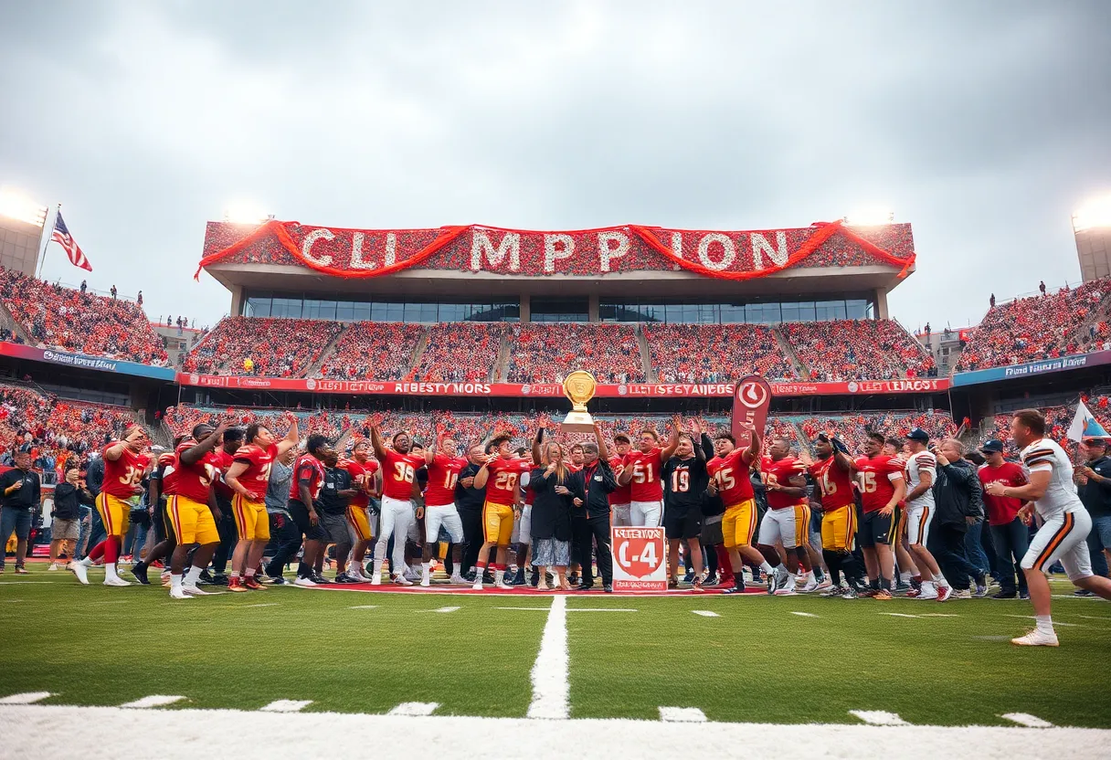 Players celebrating on a football field