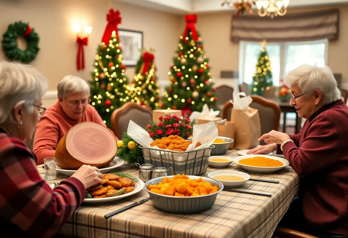 Festive meal setup for elderly seniors in San Diego on Christmas Day
