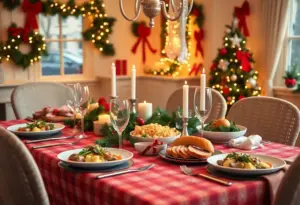 Festively decorated Christmas dining table with gourmet food in San Diego