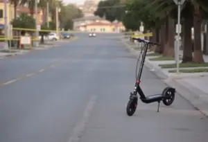 Scene of hit-and-run in Chula Vista with an electric scooter on the side and police tape.