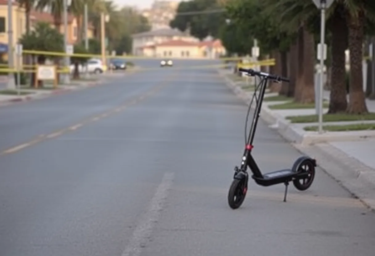 Scene of hit-and-run in Chula Vista with an electric scooter on the side and police tape.