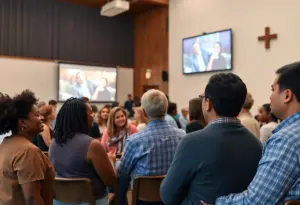 Community members discussing films at a church event.