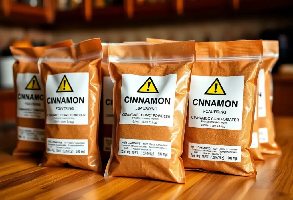 Recalled cinnamon products on a kitchen table with caution labels.