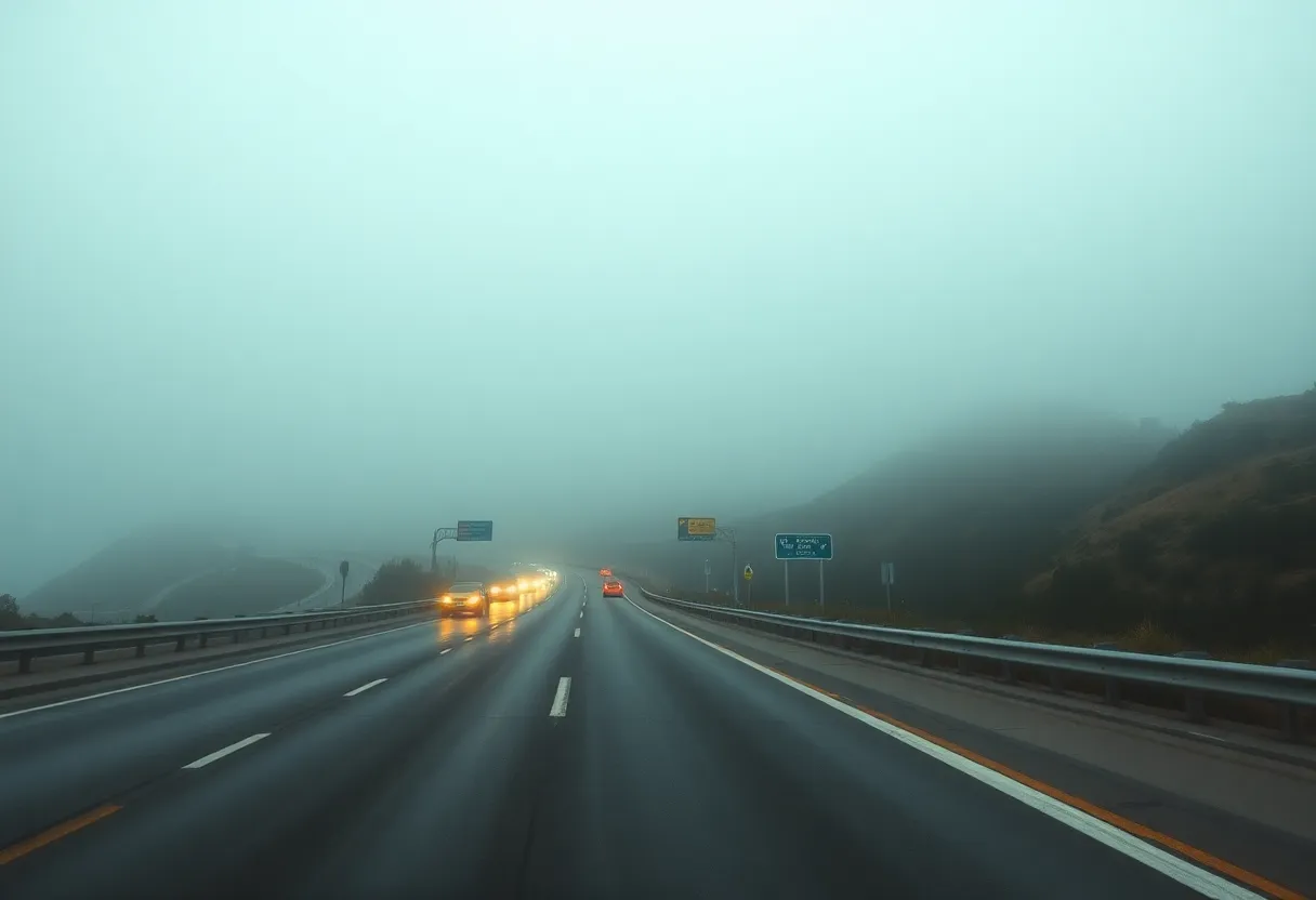 Foggy view of a coastal highway in San Diego complete with minimal visibility.