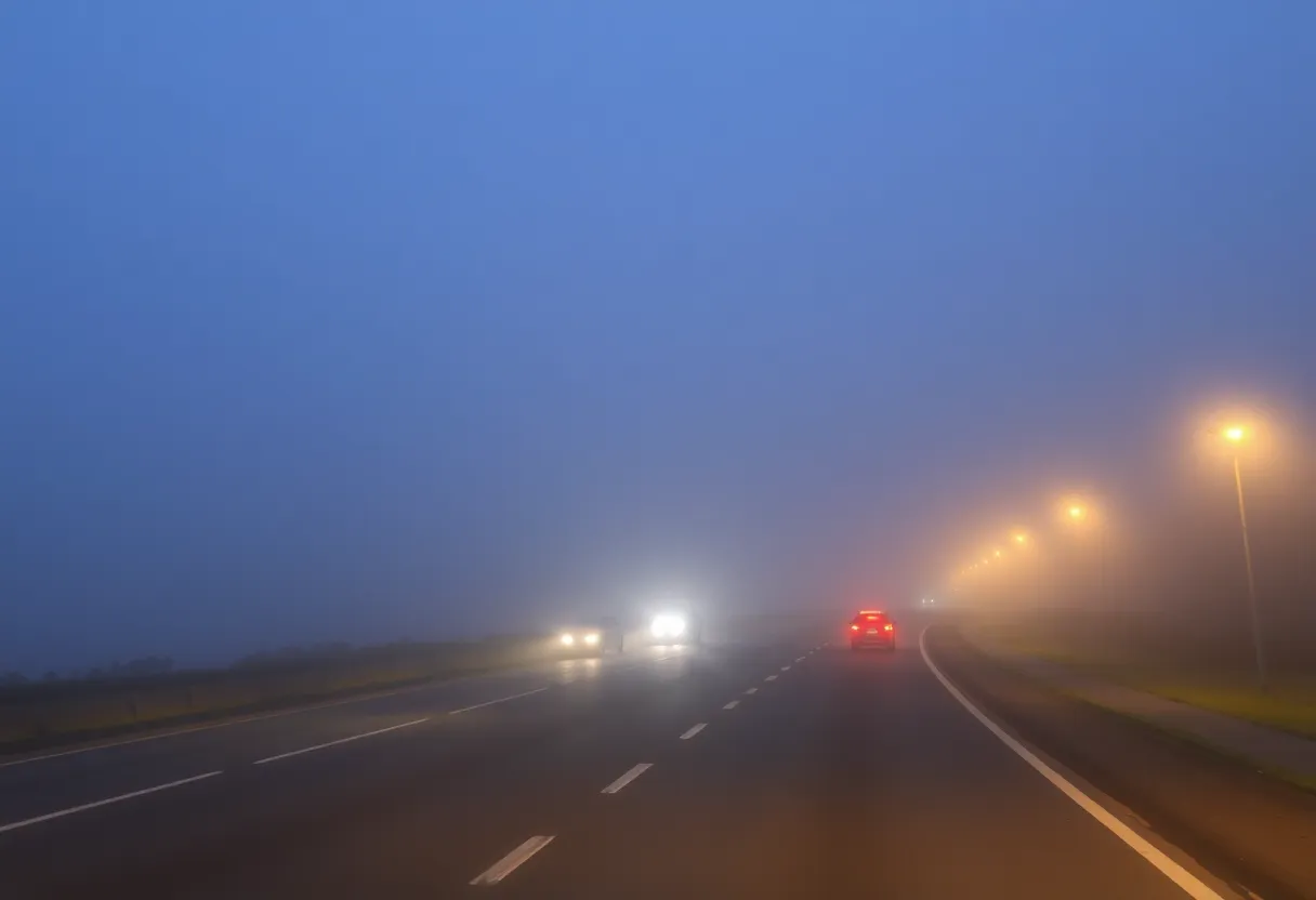 Coastal highway shrouded in dense fog at night with vehicle headlights illuminating the way.