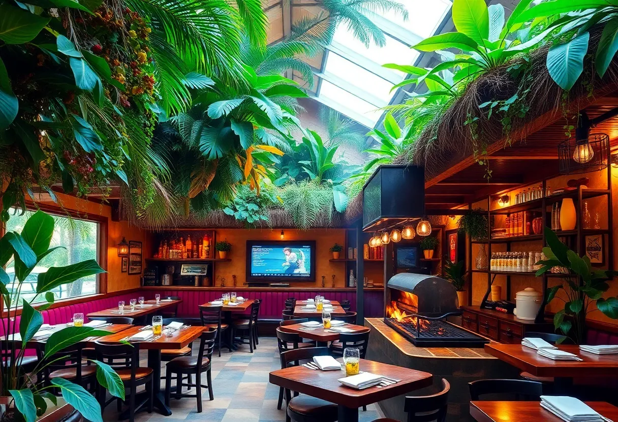 Vibrant interior of Coco Fuego restaurant with lush greenery and colorful decor