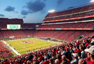 A packed stadium during a college football playoff game with cheering fans.