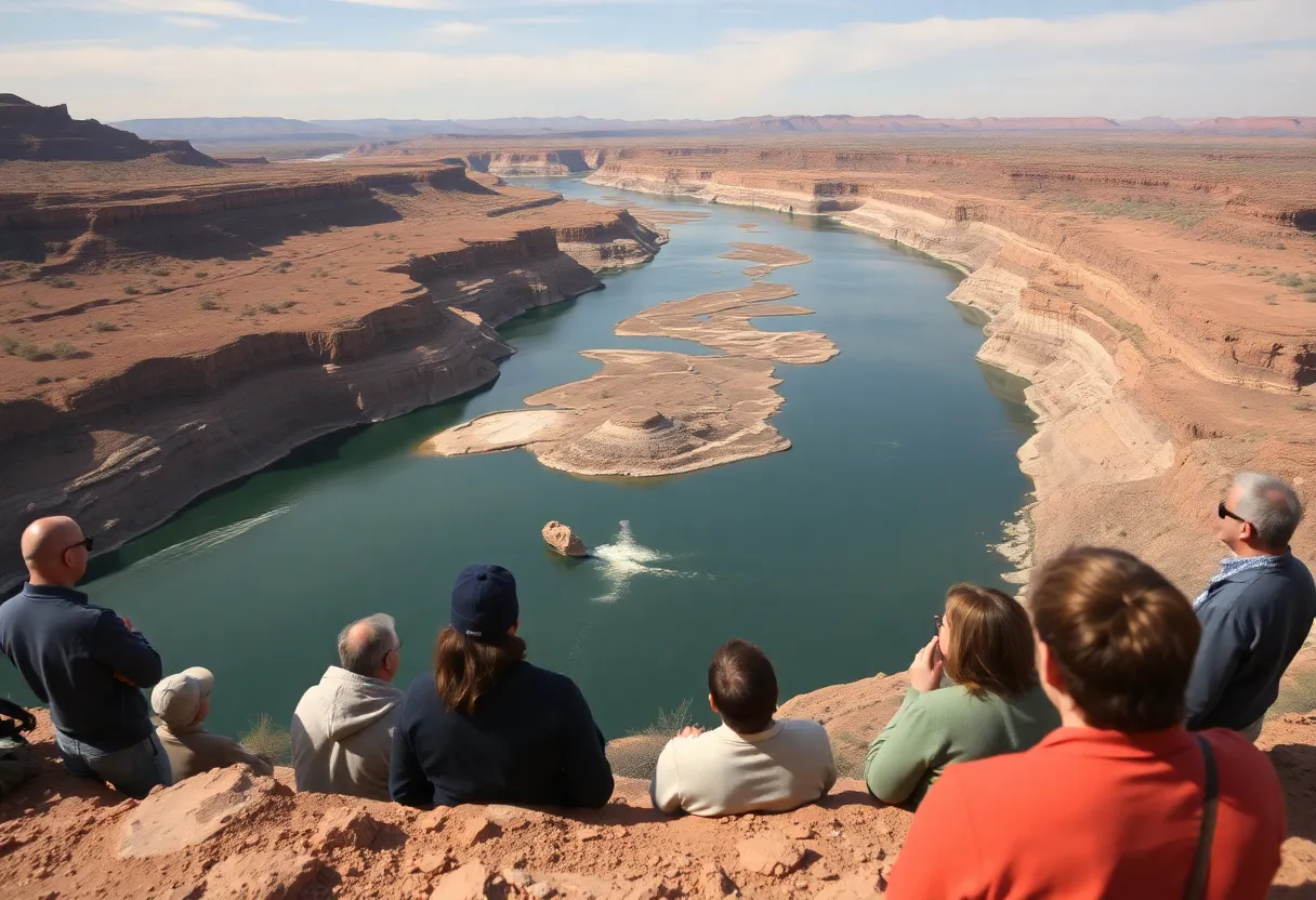 Low water levels at the Colorado River with stakeholders engaged in discussion.