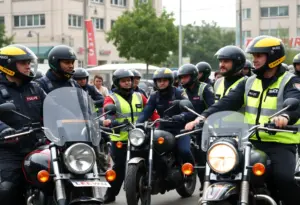 Motorcycle riders engaging with police officers in a community setting