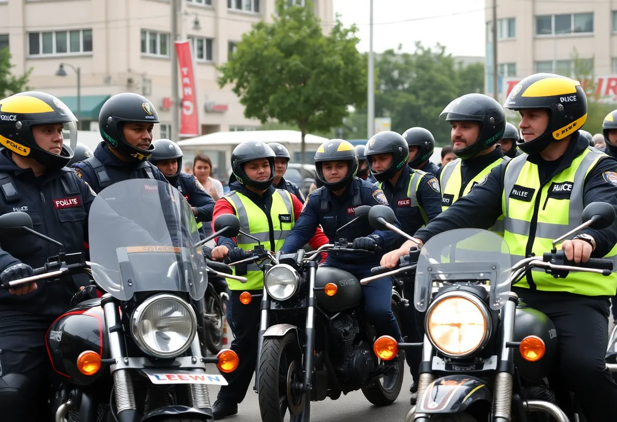 Motorcycle riders engaging with police officers in a community setting
