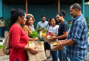 Volunteers distributing fresh food to families in a community food program.