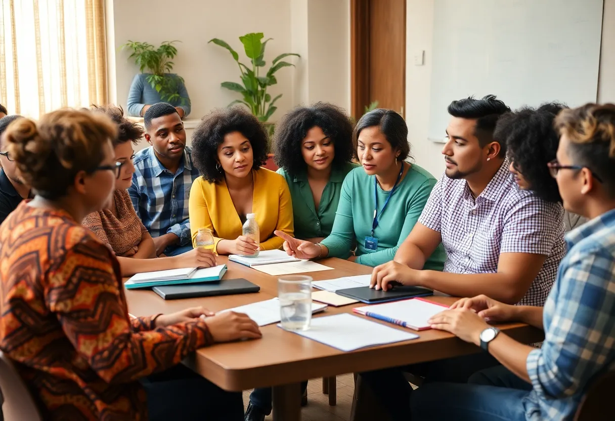 Diverse community members engaged in discussion about clean energy solutions.