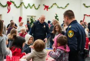Community event featuring police officers and children engaging in holiday activities.