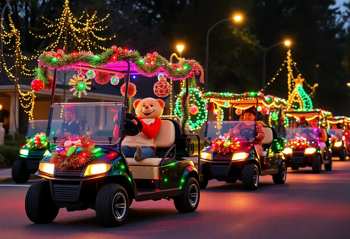 Golf cart parade in Coronado decorated for the holidays