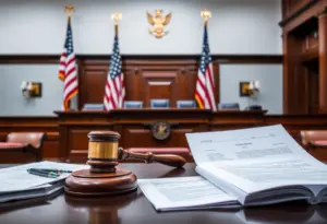 Courtroom scene representing Costco's lawsuit over tariffs.