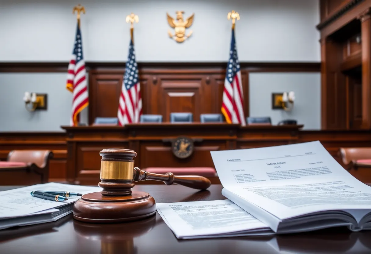 Courtroom scene representing Costco's lawsuit over tariffs.
