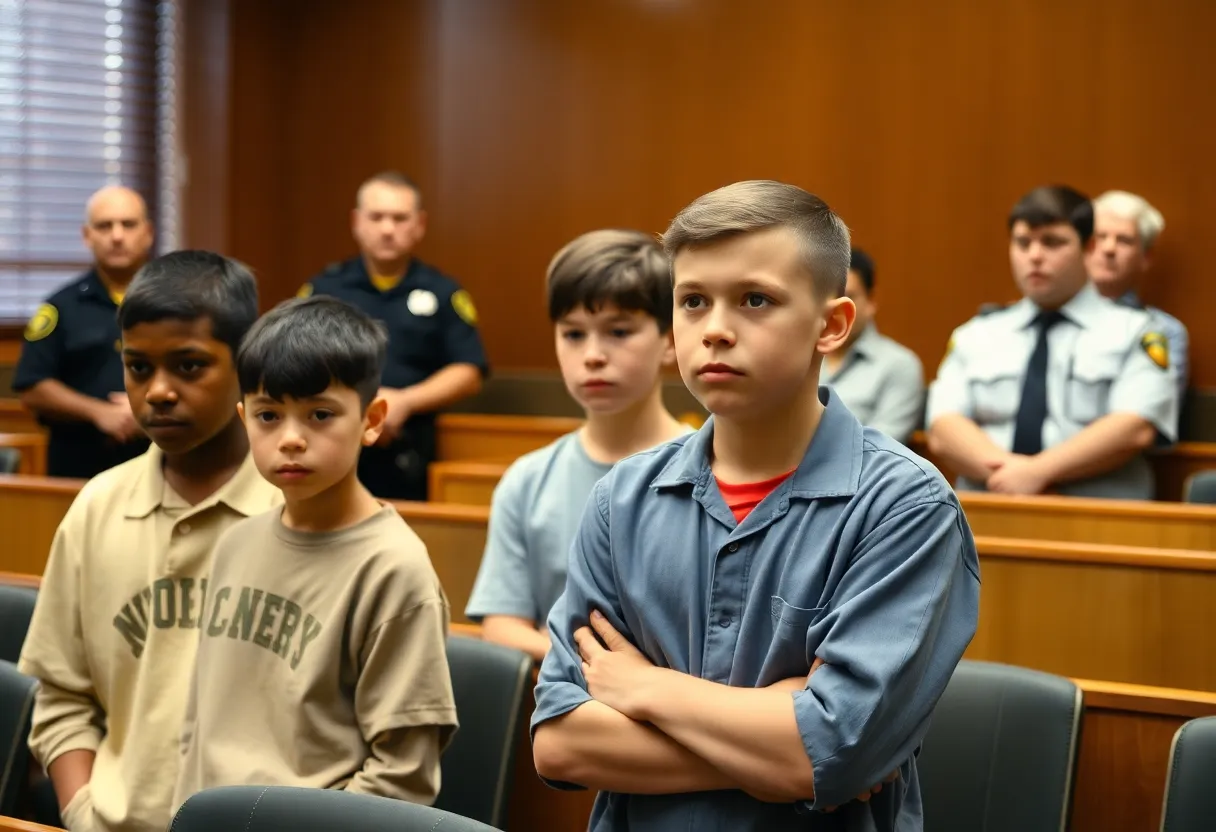 Courtroom scene with young defendants involved in gang violence case