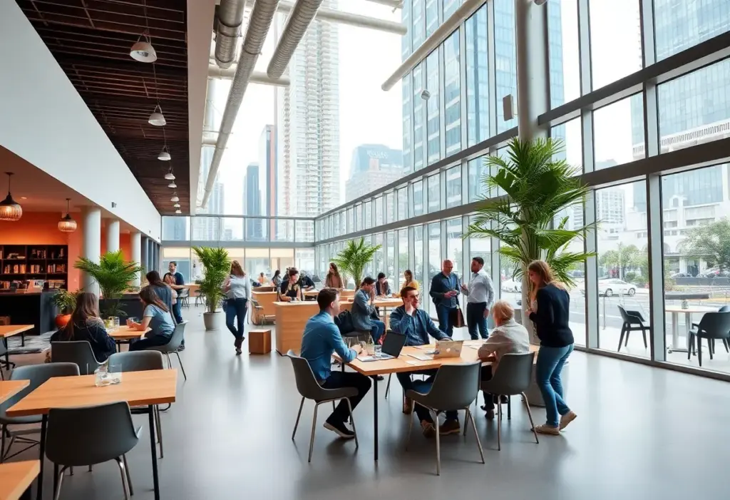 A vibrant coworking space with diverse individuals collaborating in a modern office environment.