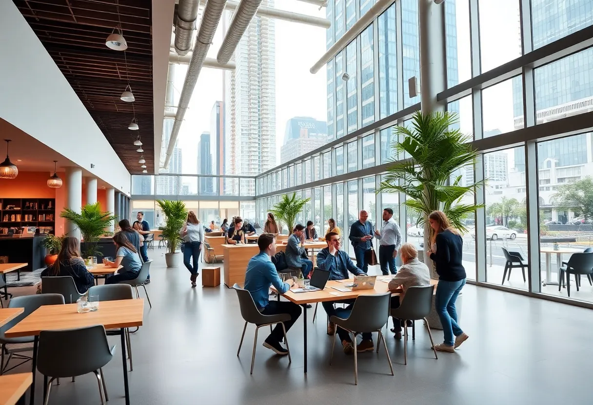 A vibrant coworking space with diverse individuals collaborating in a modern office environment.