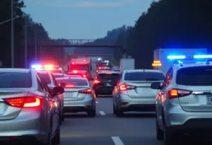 Image of a multi-vehicle crash on State Route 805 with emergency services present.