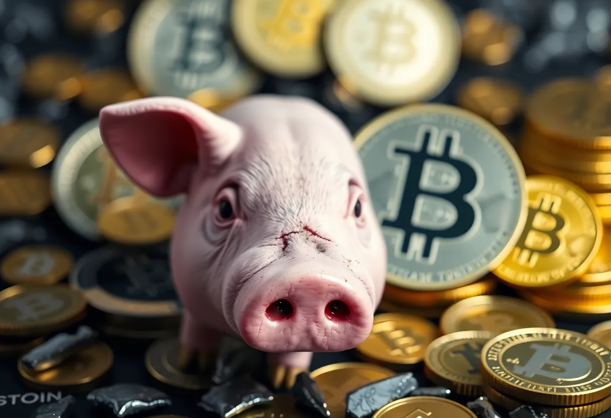 Illustration of cryptocurrency scams with symbols of deception.