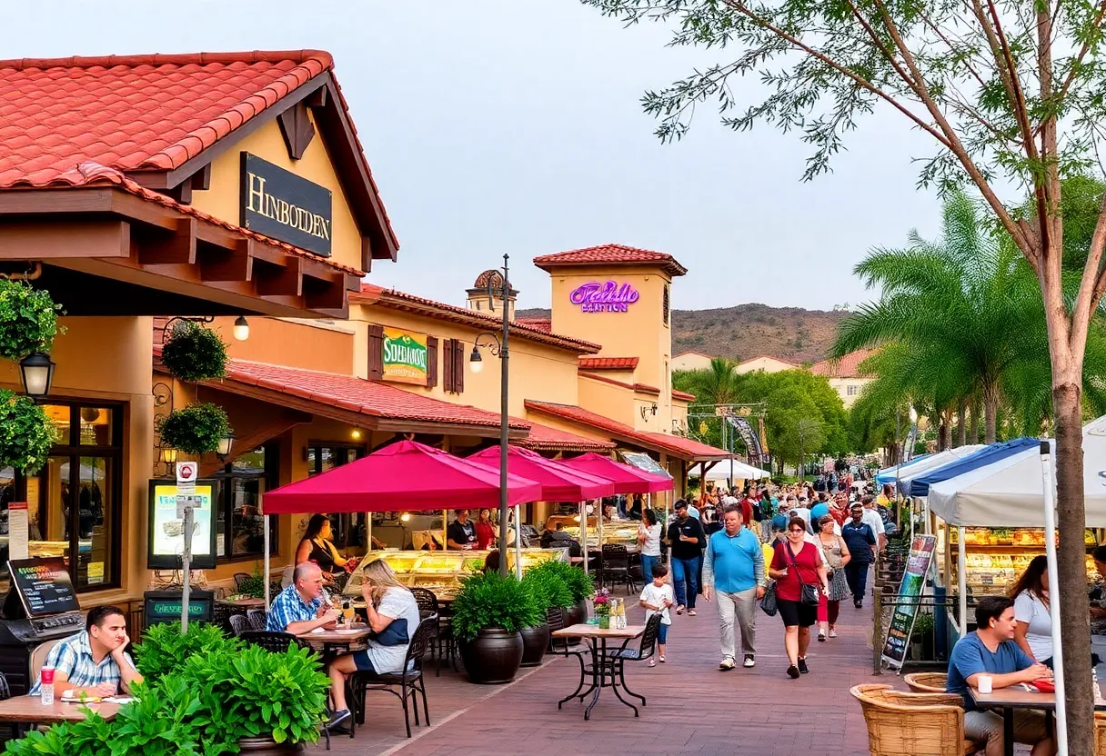 Outdoor dining scene in Rancho Bernardo with food festival