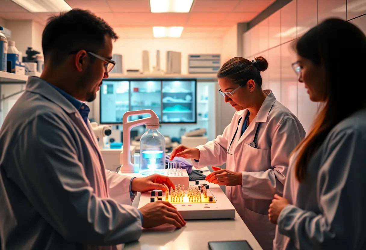 Researchers collaborating in a cancer research lab