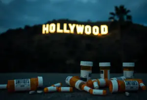 Empty prescription bottles with Hollywood sign in the background