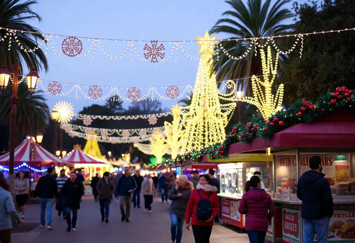 Families enjoying December Nights festival at Balboa Park with lights and decorations.