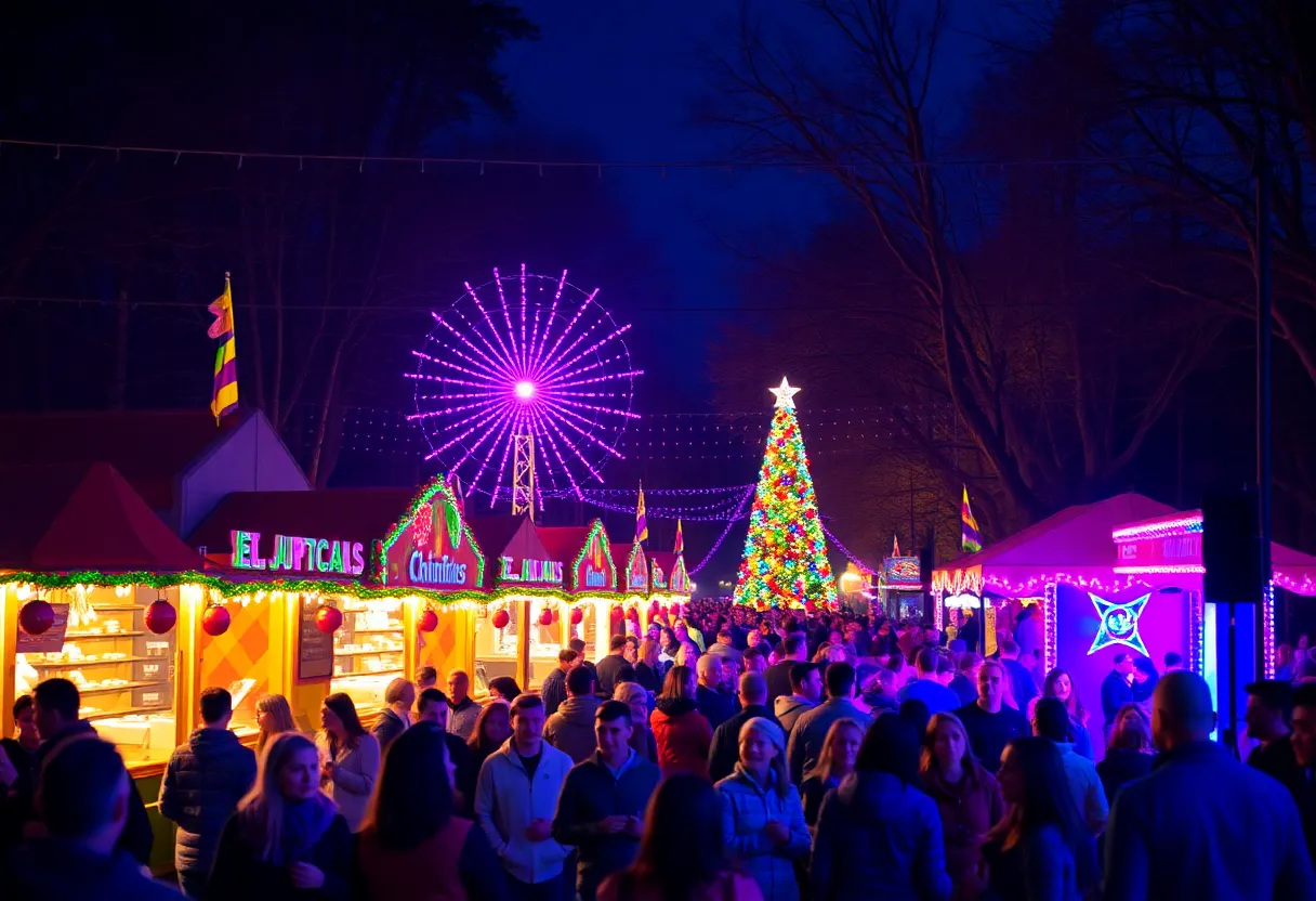 Crowd enjoying festive lights and food at December Nights Festival in San Diego