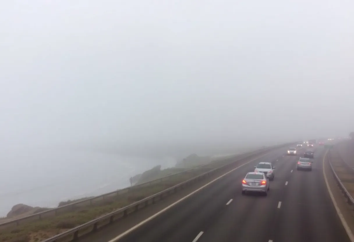 Coastal highway in San Diego covered in dense fog