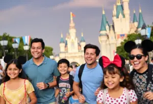 Families enjoying Disneyland with attractions in the background