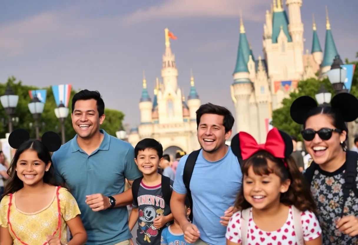 Families enjoying Disneyland with attractions in the background