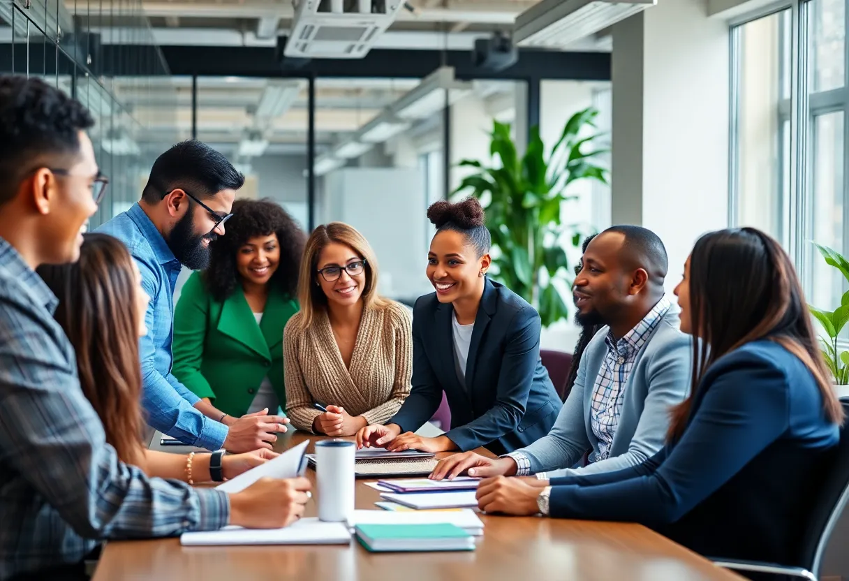 A diverse team working collaboratively in a modern office space