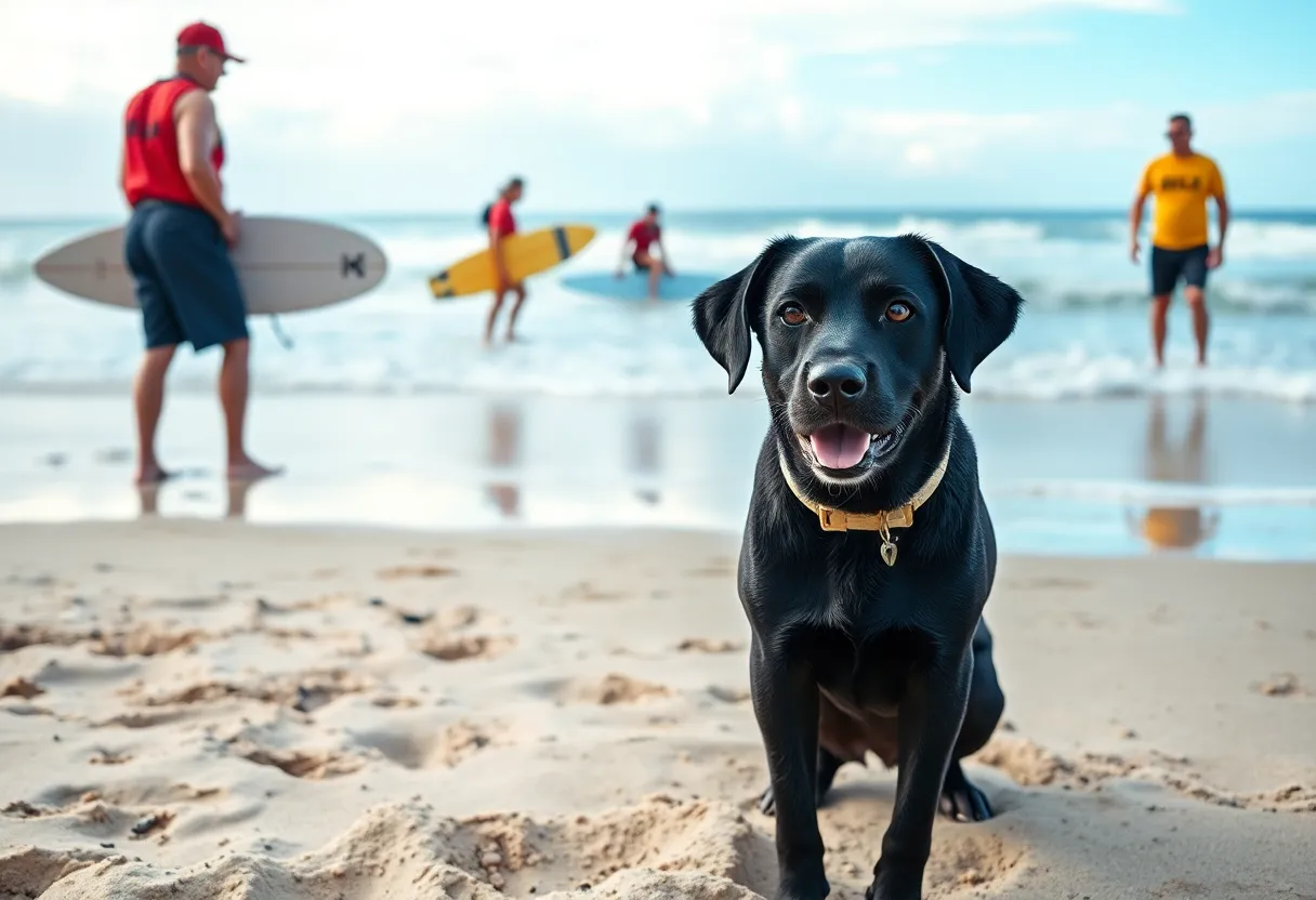 Lifeguards rescuing a black dog at Ocean Beach