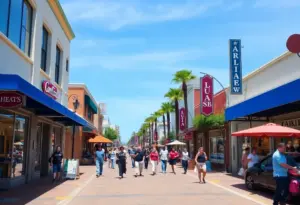 A vibrant downtown San Diego with bustling shops and happy customers