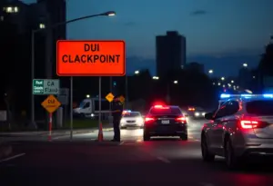 Police officers conducting a DUI checkpoint in Carlsbad at night.
