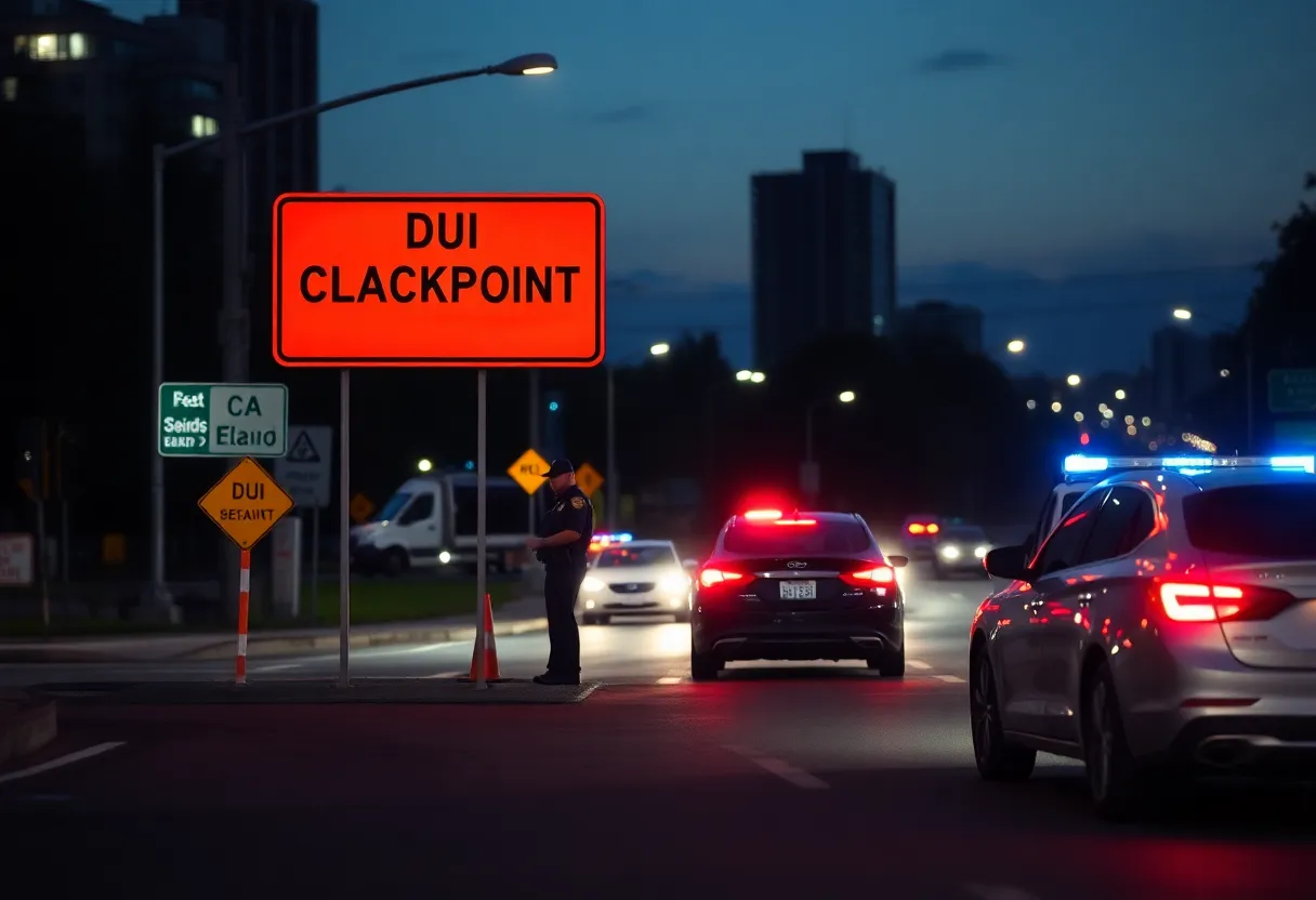 Police officers conducting a DUI checkpoint in Carlsbad at night.