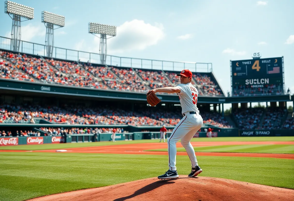 Right-handed pitcher on the mound in a dynamic baseball game