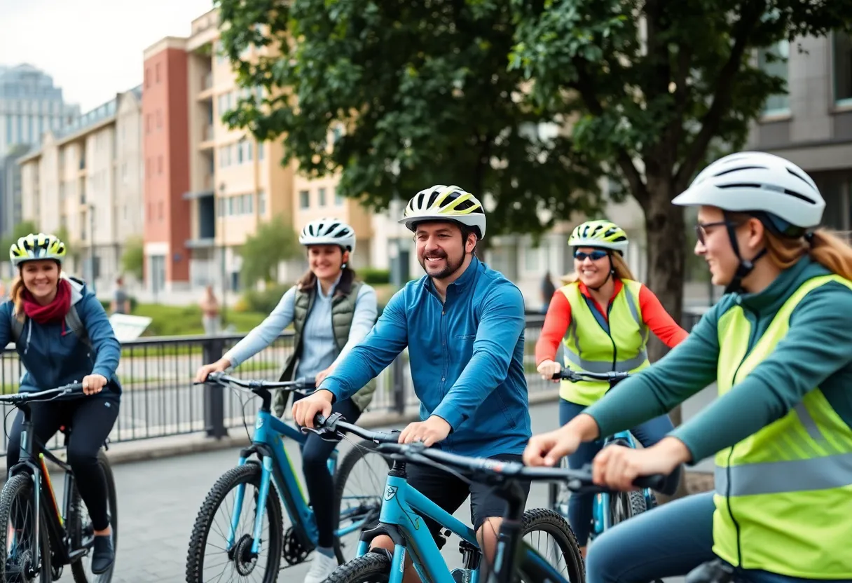 Participants in an e-bike safety course in San Diego practicing cycling skills