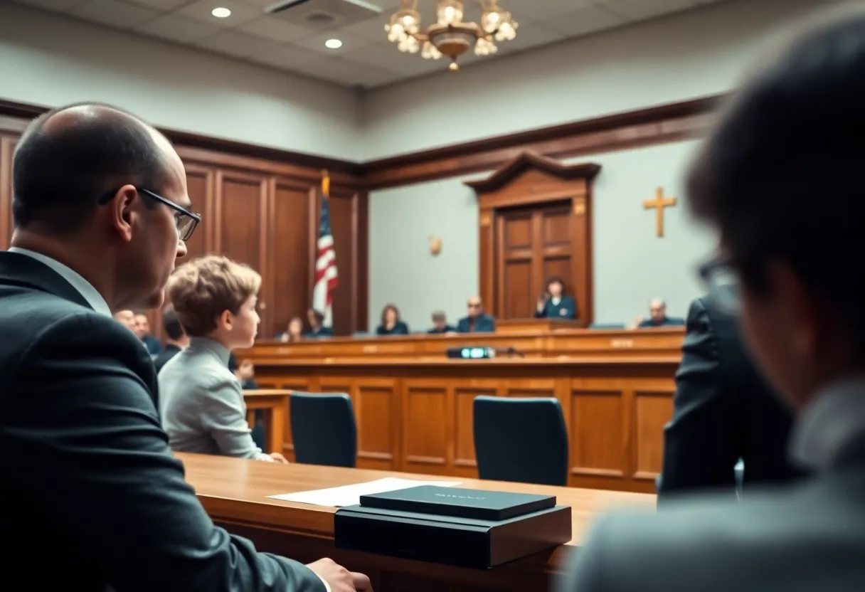 Courtroom scene representing child abuse legal proceedings