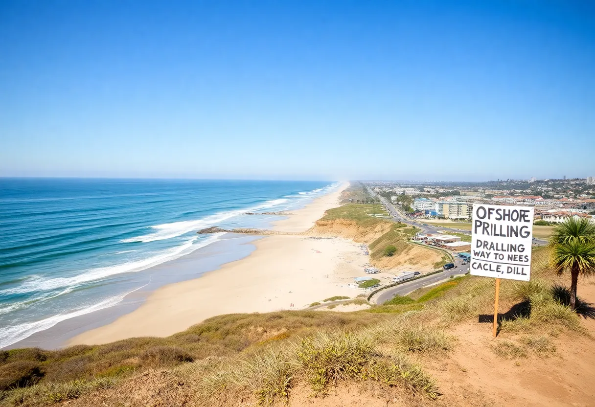 Beachfront community in Encinitas, with activism signs opposing offshore drilling.