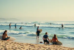 Surfers taking lessons at Encinitas beach, California