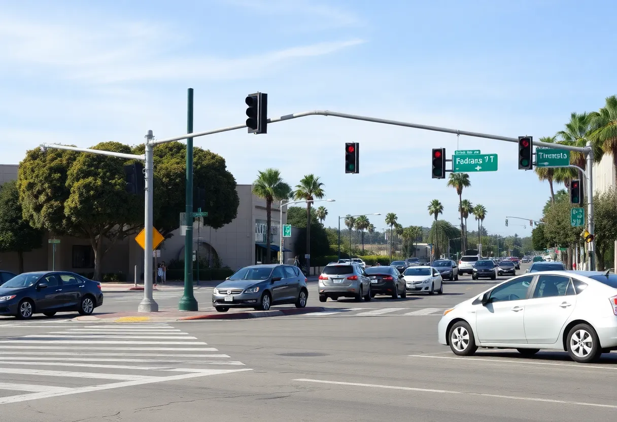 Urban intersection in Encinitas, California, showing cars and pedestrians.