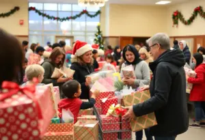 Families receiving gifts at the Escondido Holiday Gift Giveaway